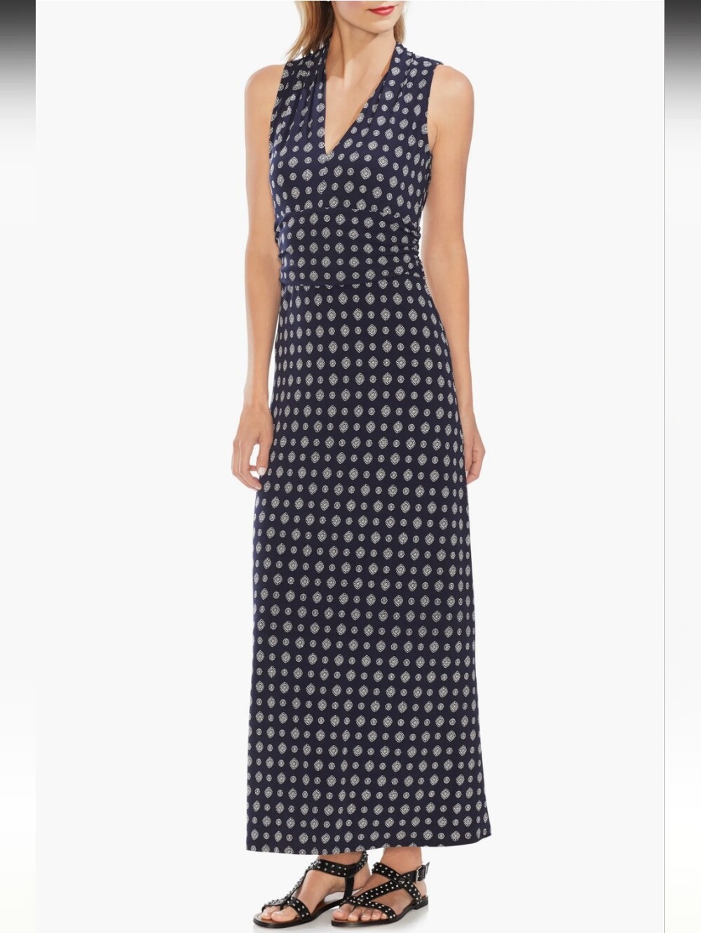 Vince Camuto Sleeveless Jersey Navy Printed V-Neck Maxi Dress, Women's XL